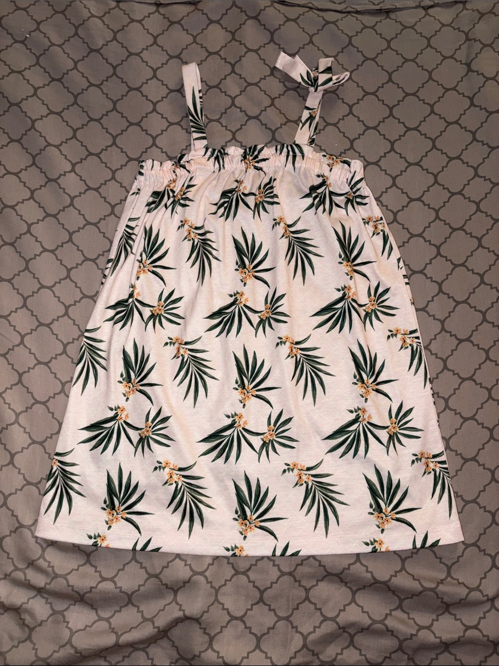 Old Navy White Tank Nightgown with Green Leaf and Yellow Flower Print